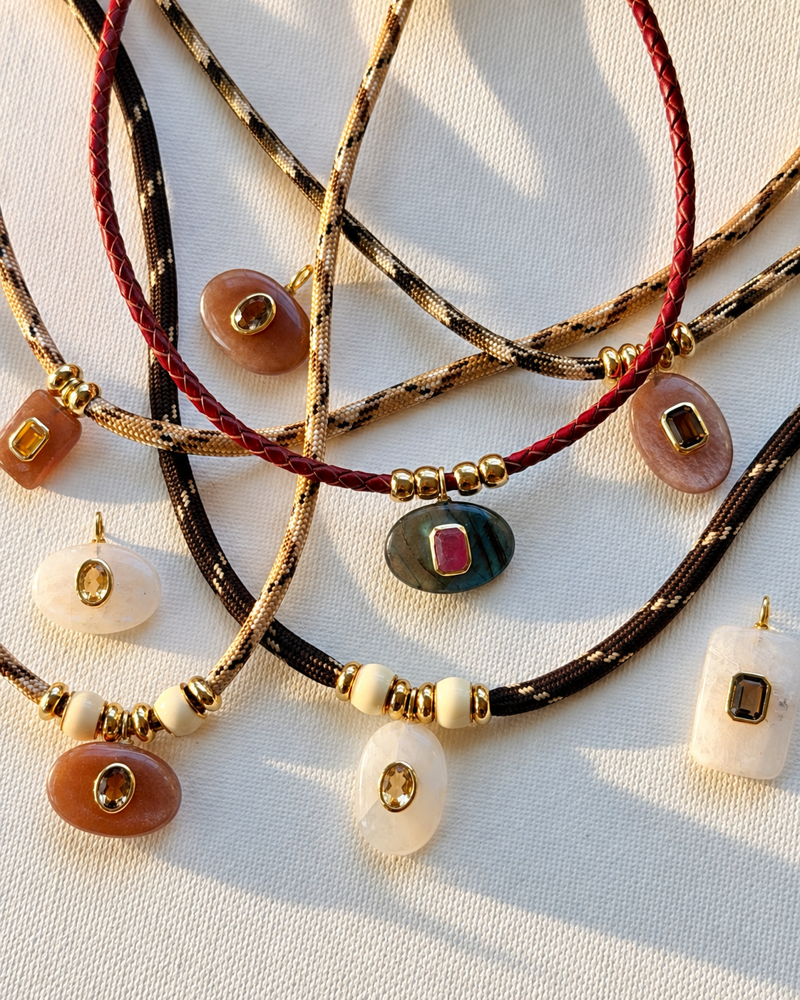 Moonstone & Yellow Citrine Oval Rope Necklace Vertical