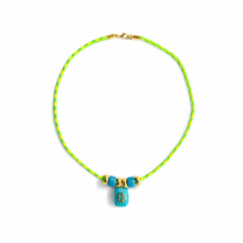 Load image into Gallery viewer, Neon Cord Turquoise & Blue Topaz Barrel Charm Necklace