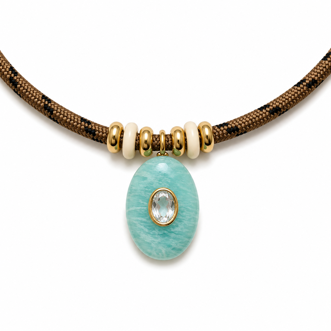 Amazonite & White Topaz Oval Pendant Rope Necklace