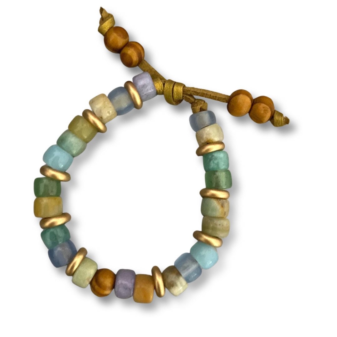Tribal Wood Gemstone Beaded Bracelet with Czech Glass Spacers