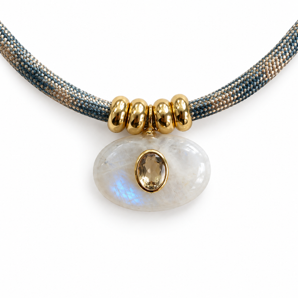 Moonstone & Yellow Citrine Oval Rope Necklace Horizontal