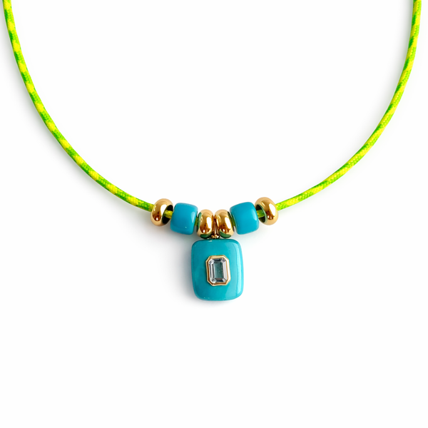 Neon Cord Turquoise & Blue Topaz Barrel Charm Necklace