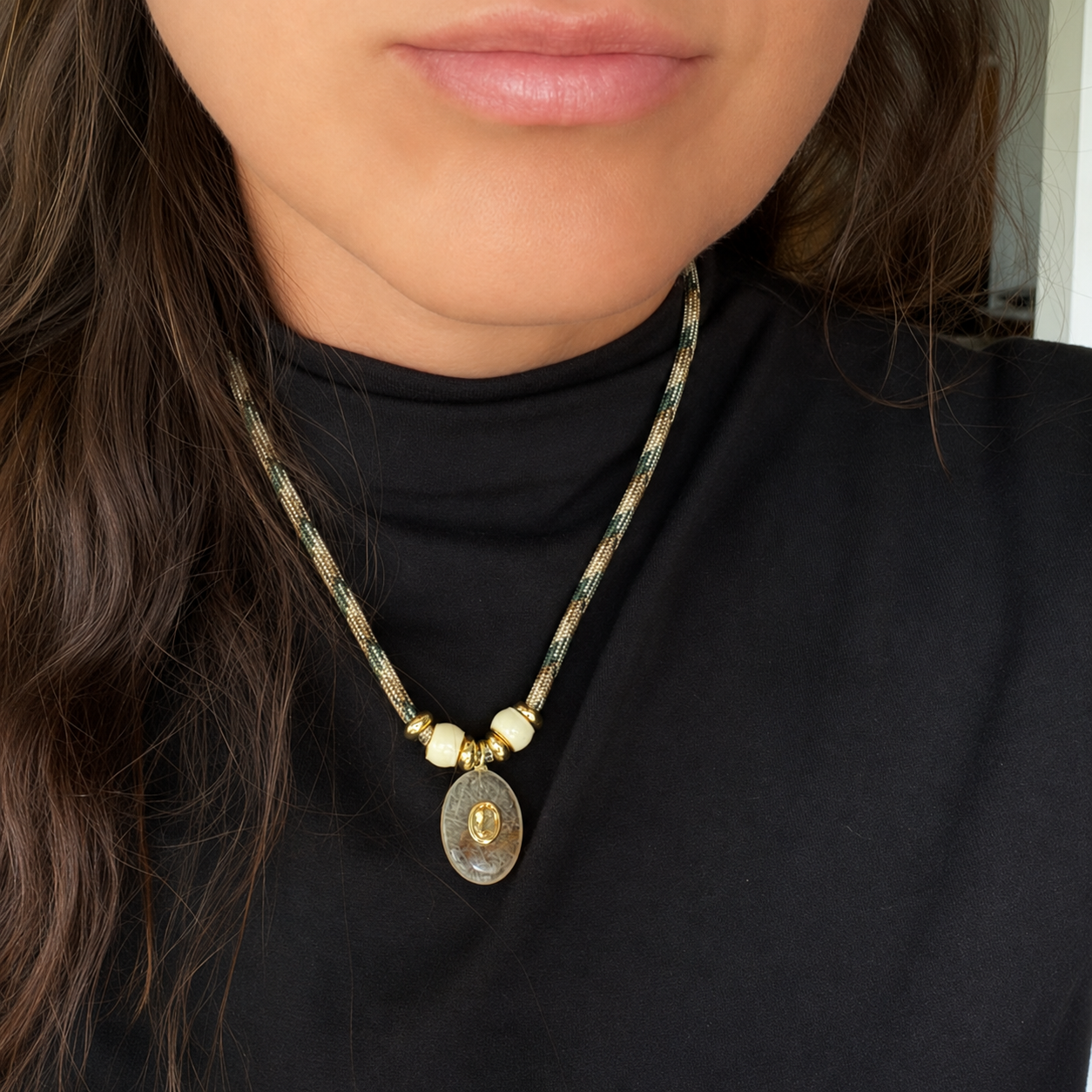 Rutilated Quartz & Yellow Citrine Oval Rope Necklace