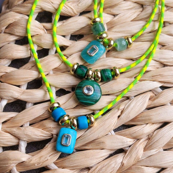 Neon Cord Turquoise & Blue Topaz Barrel Charm Necklace