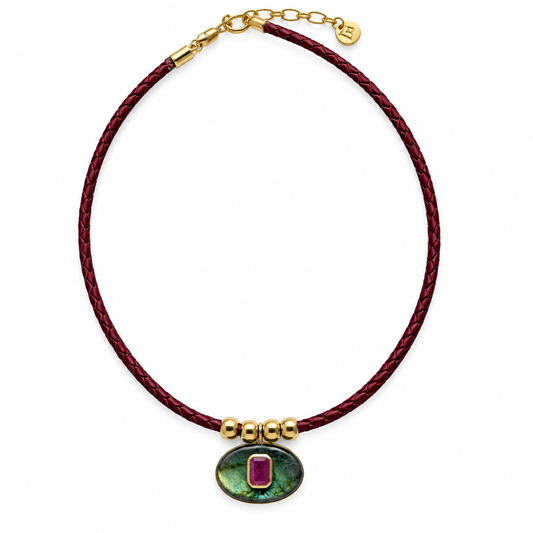 Labradorite & Garnet Oval Pendant Rope Necklace