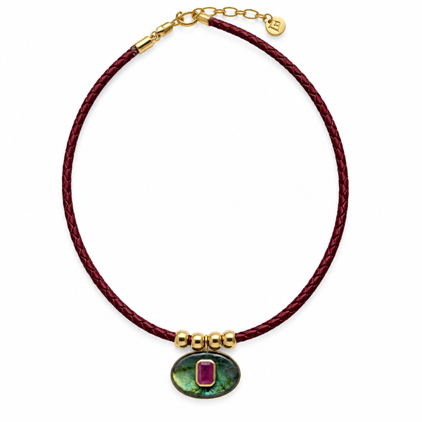 Labradorite & Garnet Oval Pendant Rope Necklace