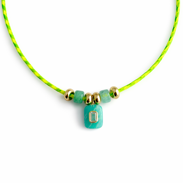 Neon Cord Amazonite & White Topaz Emerald Cut Pendant Necklace