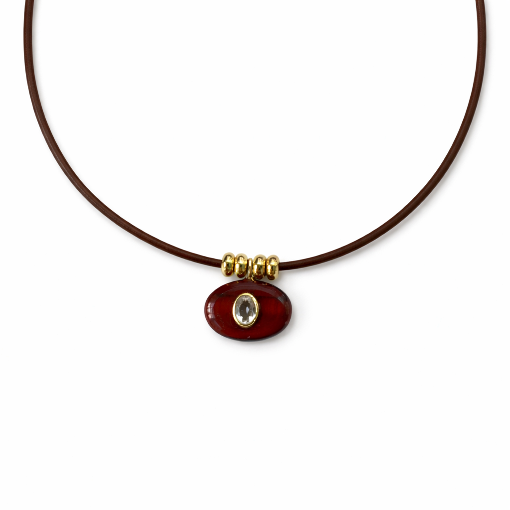 Tiger’s Eye & White Topaz Pendant on Leather Rope Necklace