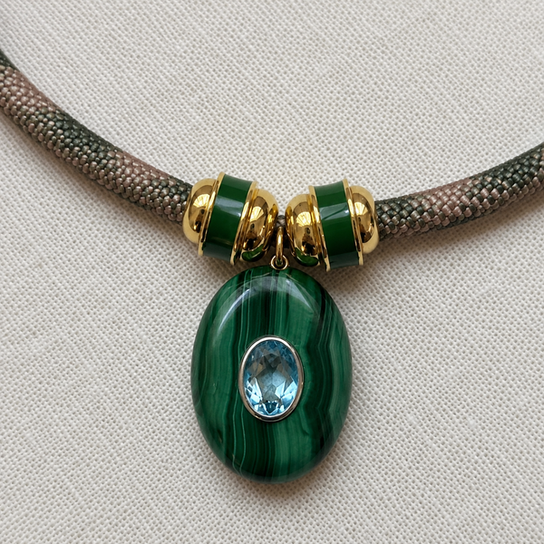 Signature Rope Necklace with Malachite and Blue Topaz Oval Pendant