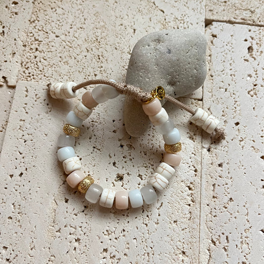 Sand Beech, Gemstone Adjustable Beaded Bracelet with Gold Spacers
