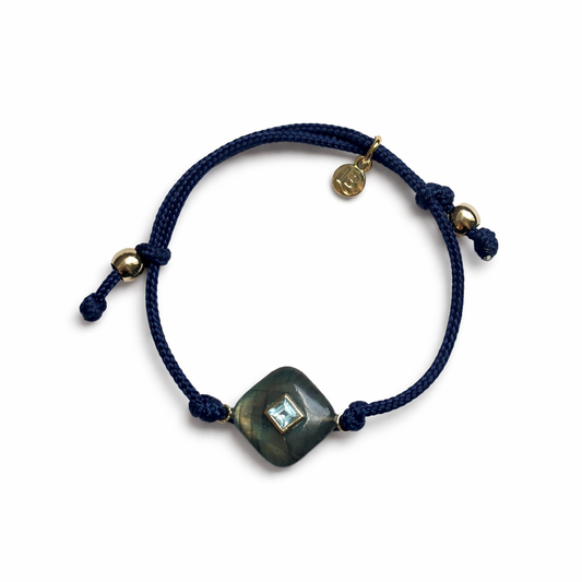 Labradorite Adjustable Cushion Diamond Cord Bracelet - Gold Bezel with Garnet Accent