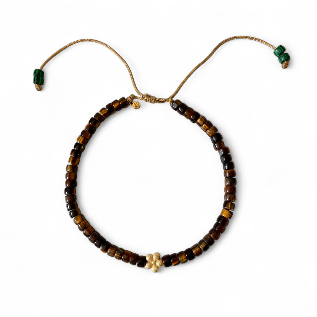 The Piper • Gemstone Tigers Eye Choker Necklace with Gold Flower • Adjustable