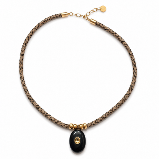 Black Onyx & Citrine Oval Pendant Rope Necklace