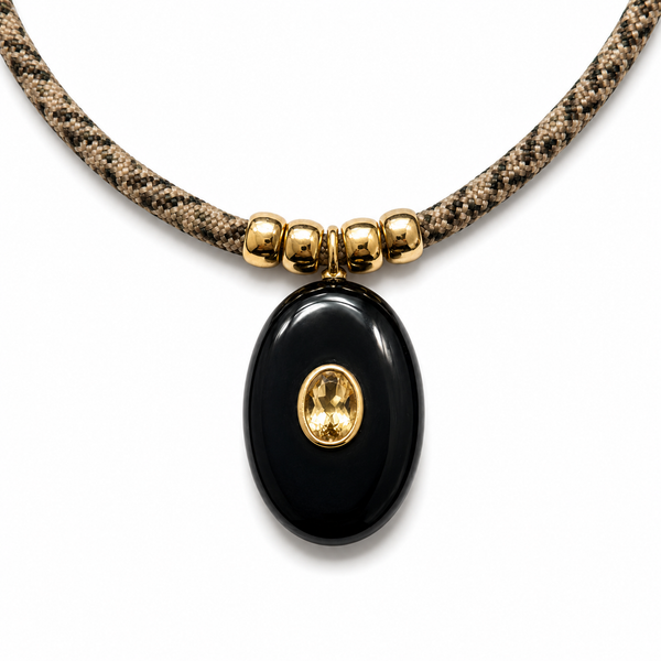 Black Onyx & Citrine Oval Pendant Rope Necklace