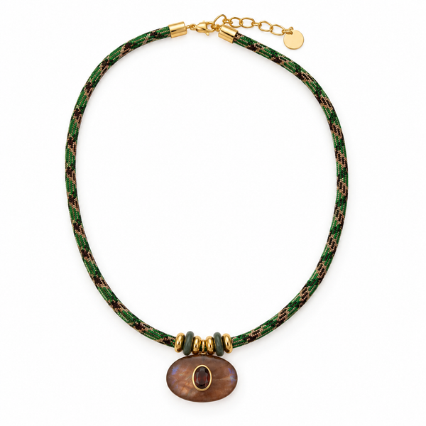 Chocolate Moonstone & Smoky Quartz Pendant on Green Cord