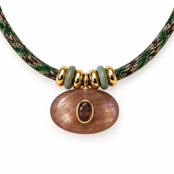 Chocolate Moonstone & Smoky Quartz Pendant on Green Cord