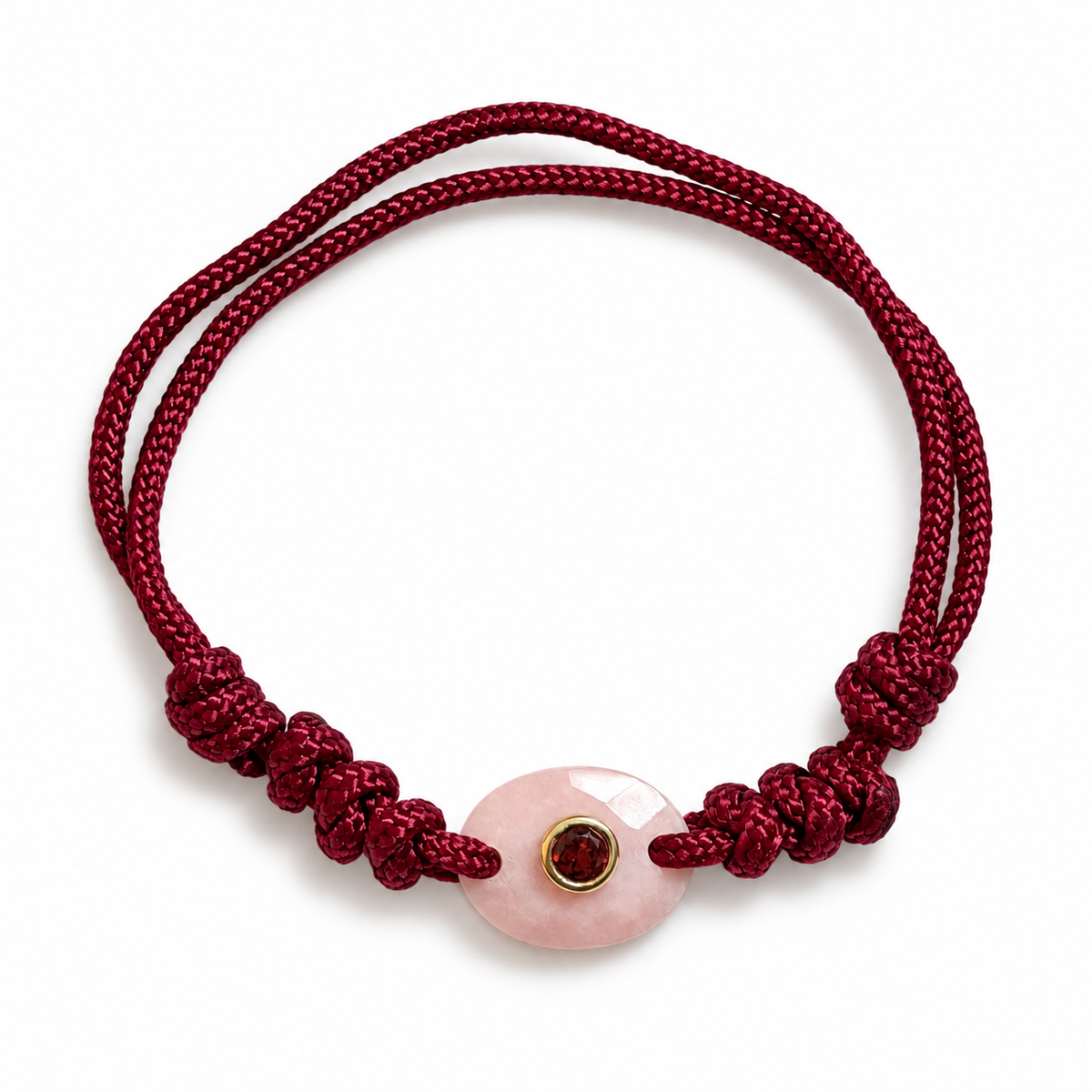 Rose Quartz Adjustable Cord Bracelet - Gold Bezel with Garnet Accent