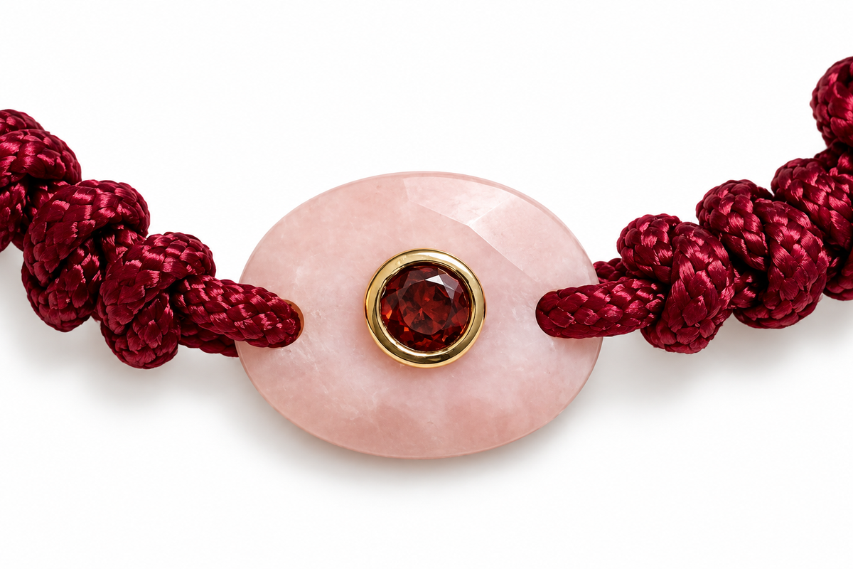 Rose Quartz Adjustable Cord Bracelet - Gold Bezel with Garnet Accent