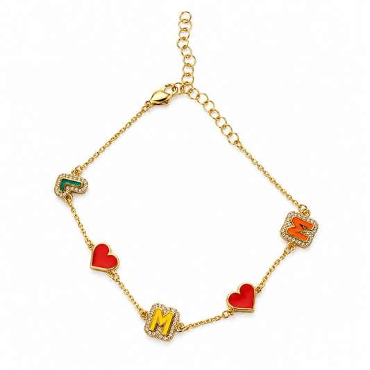 Custom Enamel Initial Heart Bracelet with Pave Outline