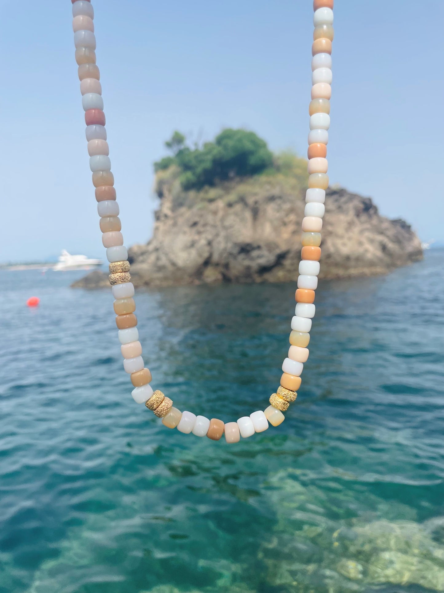 The Perfect White Tee, Gemstone Beaded Necklace with Gold Stardust Spacers