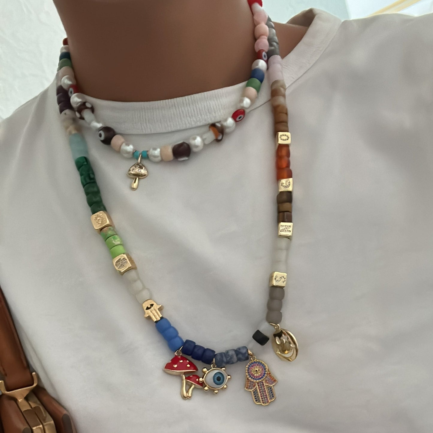 Charmed Life, Gemstone Beaded Necklace with Gold Filled Charms