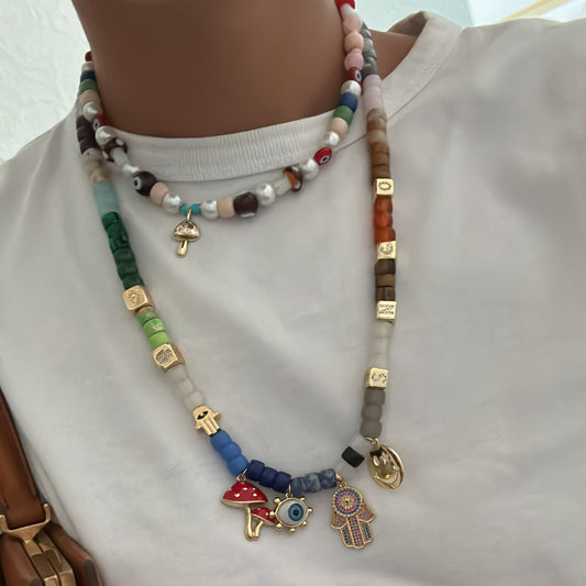 Charmed Life, Gemstone Beaded Necklace with Gold Filled Charms