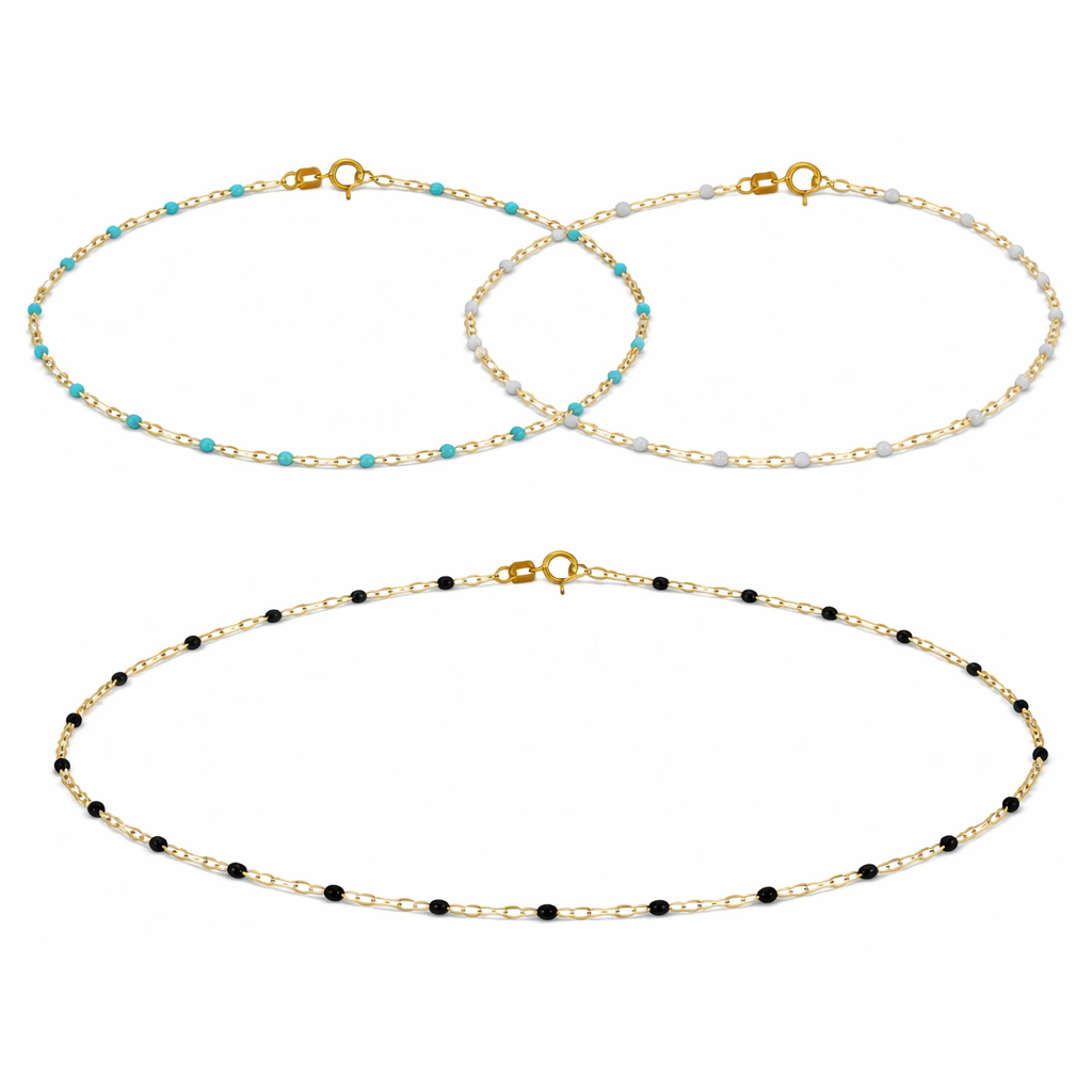 14K Gold Enamel Bead Chain – Turquoise, White & Black – Adjustable