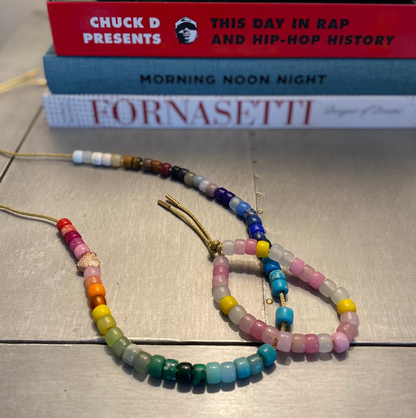 Rainbow Slide Natural Stone Necklace on Gold Lurex with Heart