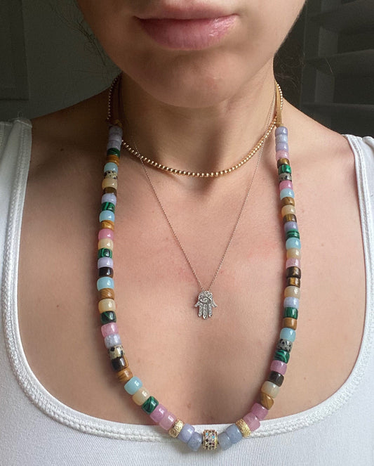 The Moda Natural Gemstone Beaded Necklace with Gold Filled Charm and Gold Spacers