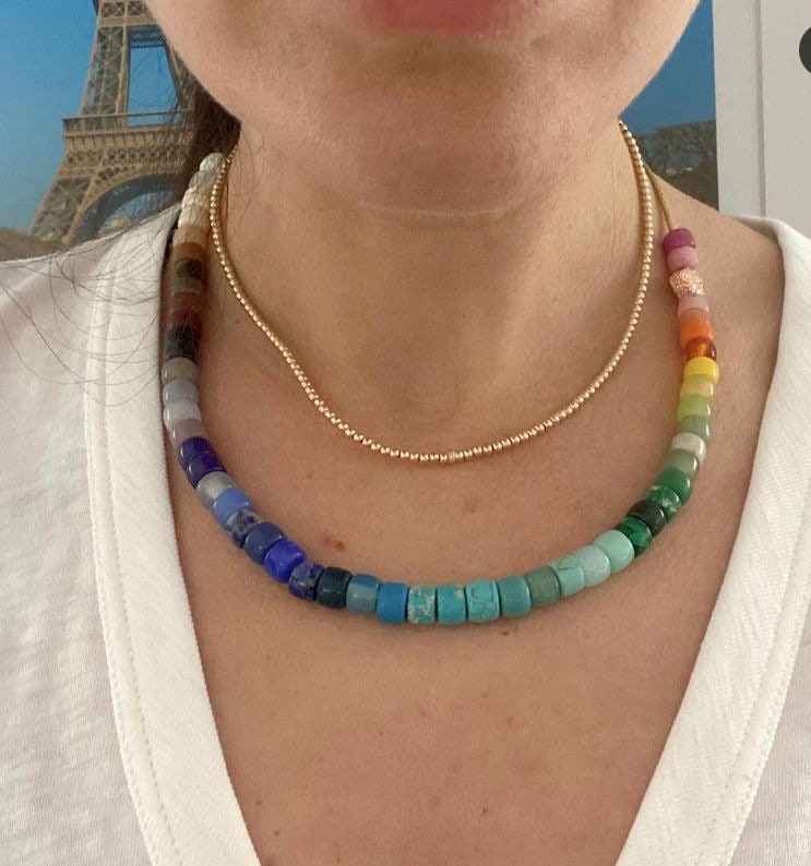 Rainbow Slide Natural Stone Necklace on Gold Lurex with Heart