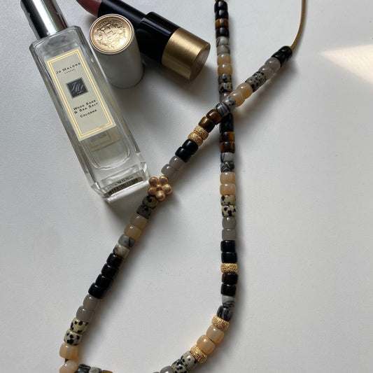 Ball So Hard Natural Gemstone Stone Necklace with Gold Flower and Stardust Spacer
