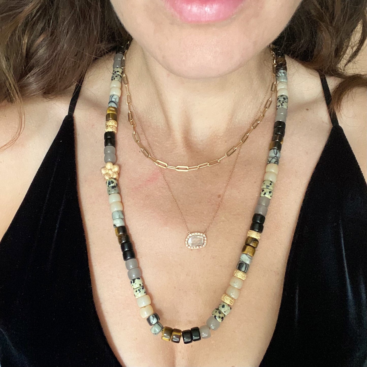 Ball So Hard Natural Gemstone Stone Necklace with Gold Flower and Stardust Spacer