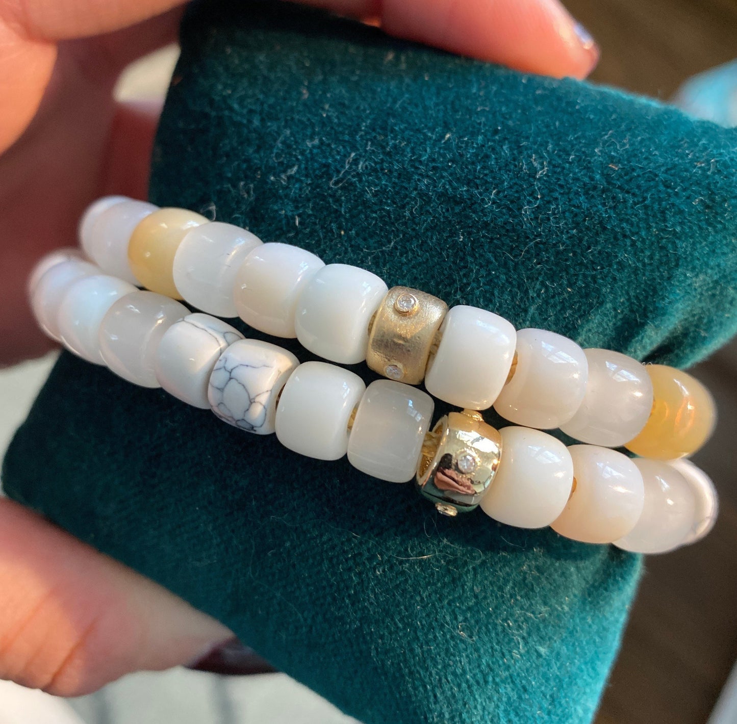 The Bubbly - Gemstone Pony Bead Bracelet with Diamond 14K Gold Accent – Moonstone, Quartz, Agate