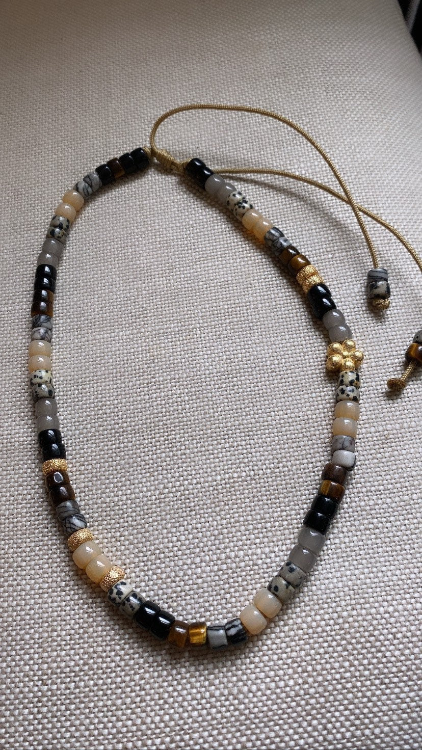 Ball So Hard Natural Gemstone Stone Necklace with Gold Flower and Stardust Spacer