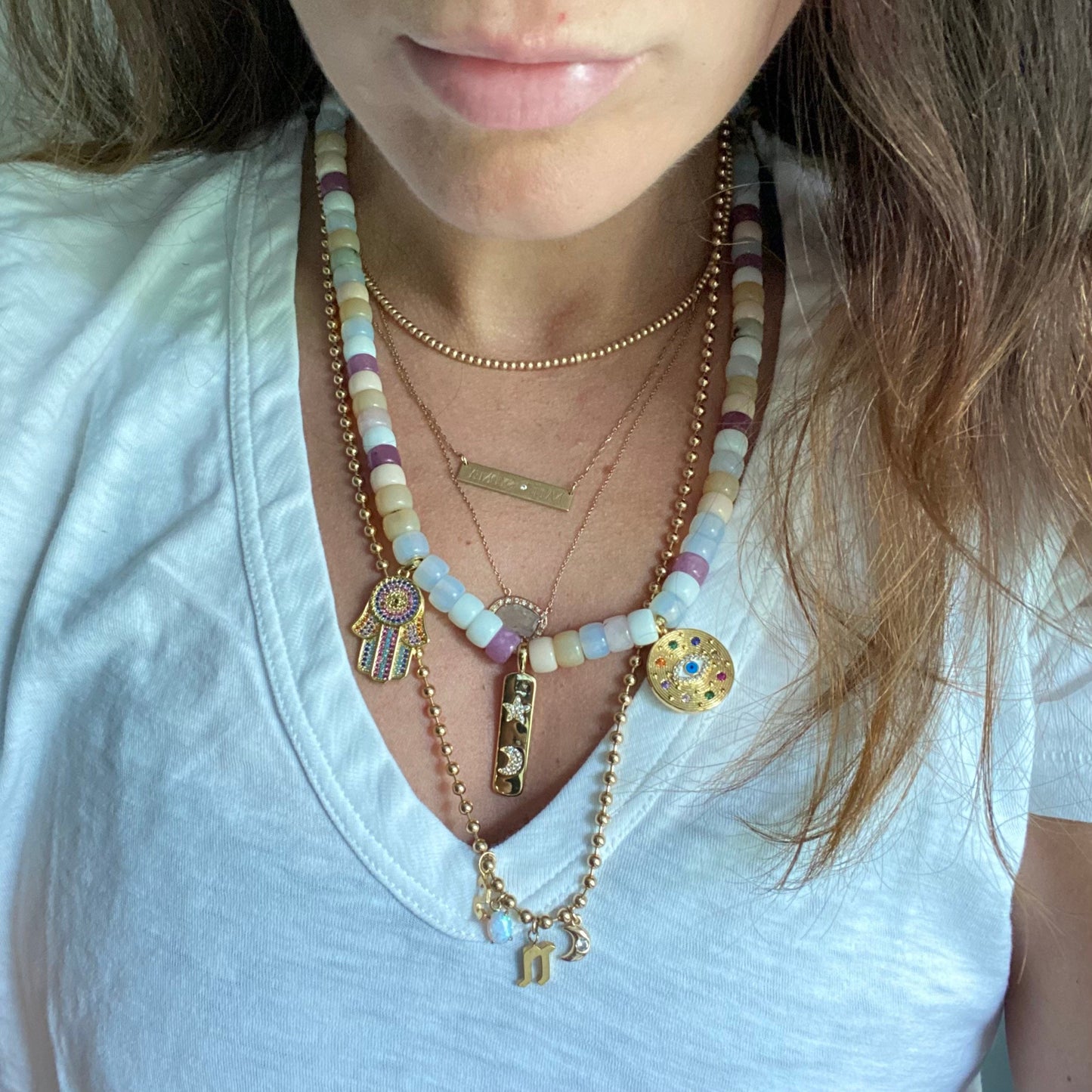 Charmed Life, Gemstone Beaded Necklace with Gold Filled Charms