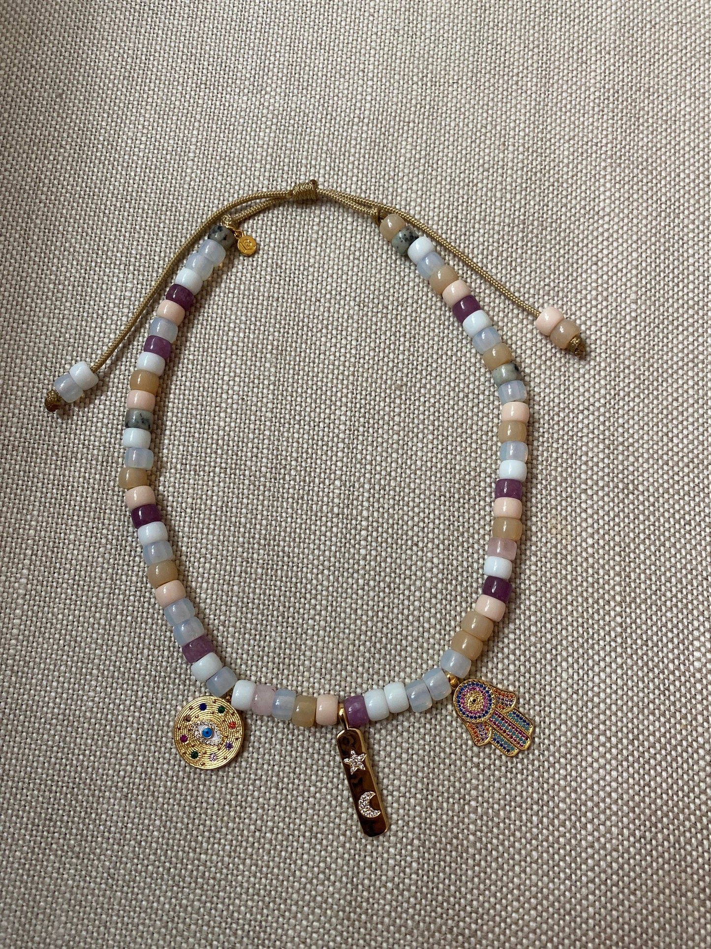 Charmed Life, Gemstone Beaded Necklace with Gold Filled Charms