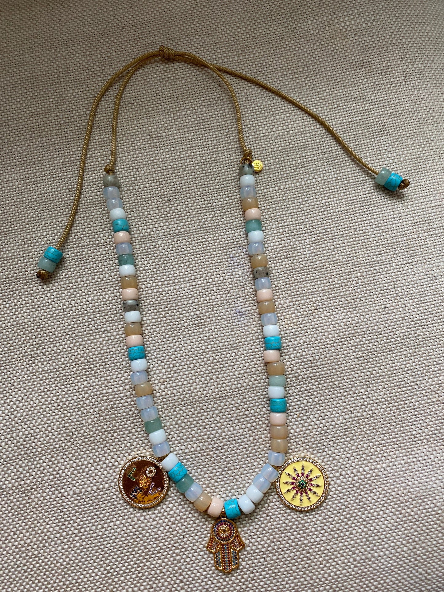 Charmed Life, Gemstone Beaded Necklace with Gold Filled Charms