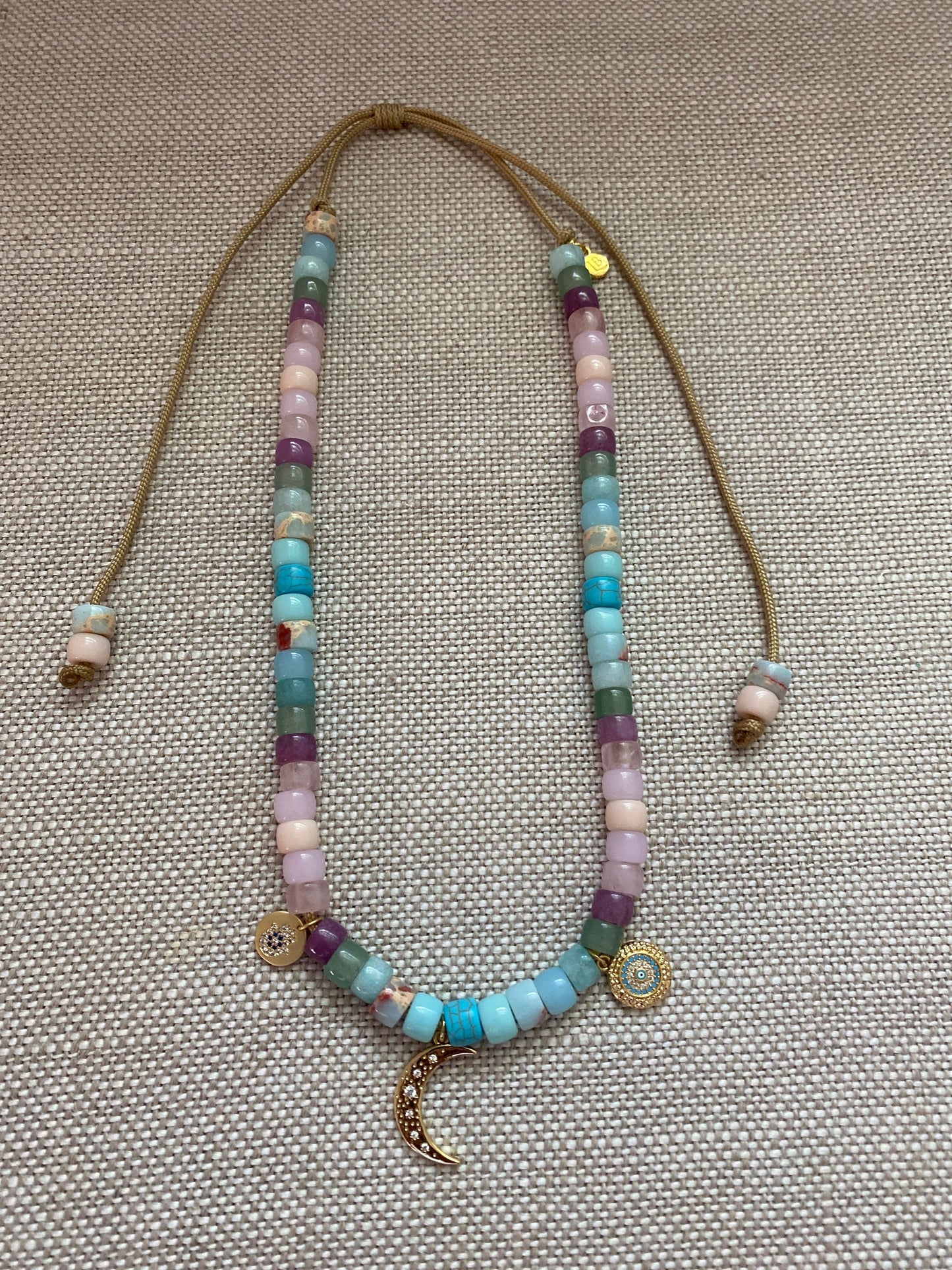 Charmed Life, Gemstone Beaded Necklace with Gold Filled Charms
